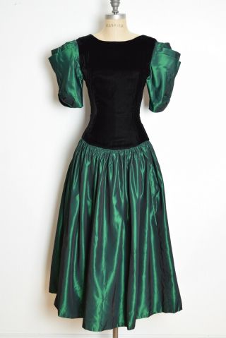 Vintage 80s Prom Dress Black Velvet Green Taffeta Puff Sleeve Party Gown M