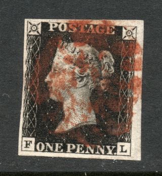 1840 Penny Black Sg 2 - - 1d Black Plate 6 " F L " Red Maltese Cross Pmk