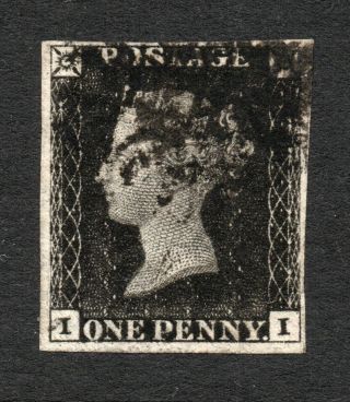 1840 Penny Black Sg 1 - - 1d Black Plate 6 " I I " Cancelled Black Maltese Cross.