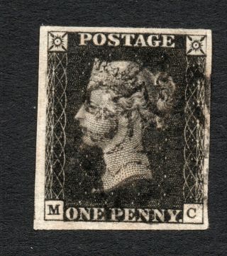 1840 Penny Black Sg 1 - - 1d Black Plate 5 " M C " Light Black Maltese Cross Pmk