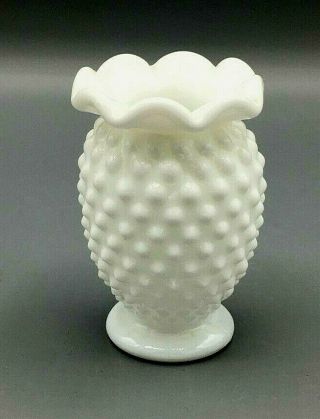 Vintage Fenton Milk Glass Hobnail Small Vase Ripple Lip