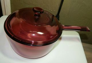 Pyrex Vision Ware By Corning Cranberry Cookware 1.  5 L Saucepan Pot W/ Lid Usa