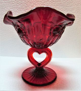Fenton Art Glass Ruby Red Roses Compote,  Heart Stem,  Footed,  5 " Candy