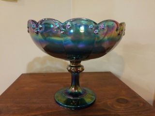 Indiana Blue Iridescent Carnival Glass Pedestal Fruit Bowl Vintage Collectable