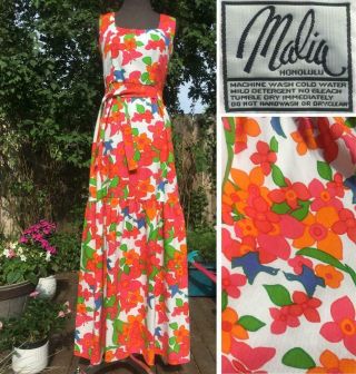 Awesome Vintage 1970s Malia Of Honolulu Hawaiian Floral Boho Festival Maxi - Dress