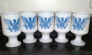 Vintage Set Of (5) Milk Glass_footed Mug Blue Patriotic Eagle War Eagle Federal