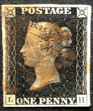 Gb Qv 1840 Penny Black ‘lh’ Plate 1b 04 Margin With Red Maltese Cross