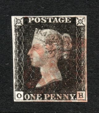 1840 Penny Black Sg 2 - - 1d Black Plate 4 " O H " Fine Light Red Maltese Cross.