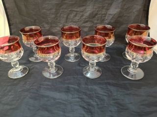 8 Vtg Indiana Glass Ruby Kings Crown Thumbprint Cordial Glasses 4 " 1/3 Cup