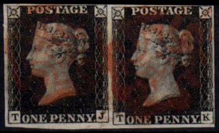 Gb Qv Sg2 1d Penny Black Plate 4 Tj - Tk Very Fine Pair With Fine Red Mx