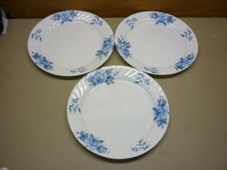 Set Of 3 Corelle Blue Velvet Rose Dinner Plates 10 - 1/4 "