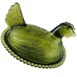 Vintage Green Glass Hen On Nest Chicken Candy Trinket Dish Bowl 8”