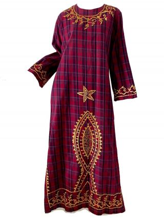 Vintage 70s India Embroidered Madras Boho Hippie Festival Caftan Dress Maxi Xl