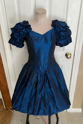 Vtg 80s Royal Blue Taffeta Short Puff Gown Prom Dress Sz 8 House Of Bianchi