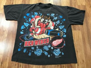 Large Vtg 1993 Looney Tunes Taz Detroit Red Wings Single Stitch 90s T - Shirt Usa