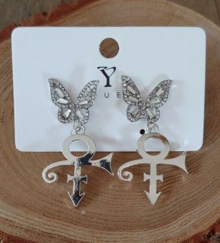 Prince Rogers Nelson Inspired Crystal Butterfly Love Symbol Earrings