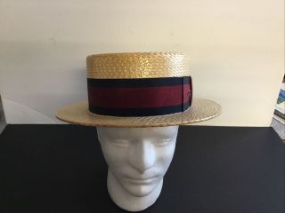 Vintage Straw Boater Hat With Ribbon,  Size 7 - 1/4,  Made In Japan