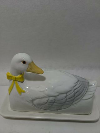 Vintage Otagiri Japan Duck Butter Dish & Yellow Bow Hand Painted