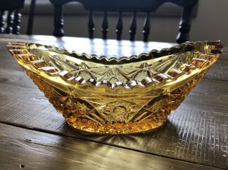 Vtg Amber Colored Pressed Glass Oval Boat Shaped Serving Bowl Dish 7” Starburst