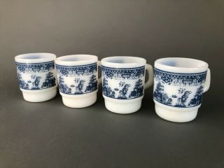Vintage Anchor Hocking White Fire King Blue Willow Coffee Mugs Japanese Set Of 4