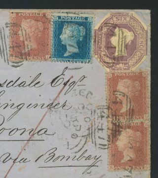 1856 GB QV COVER TO INDIA,  11d MIXED FRANKING w 6d EMBOSSED,  BOMBAY PAID BOX 4
