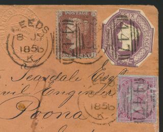 1856 GB QV COVER TO INDIA POONA,  11d EMBOSSED,  LINE ENGRAVED & SURFACE FRANKING 4