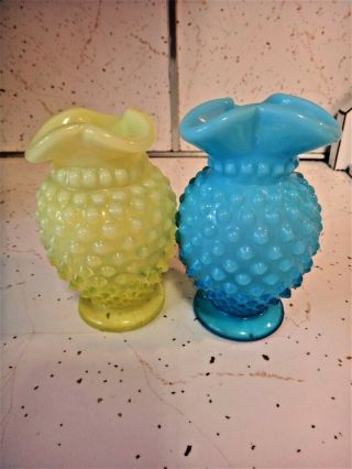 2 Vintage Fenton Opalescent Hobnail Small Vases W/ Ruffled Edges
