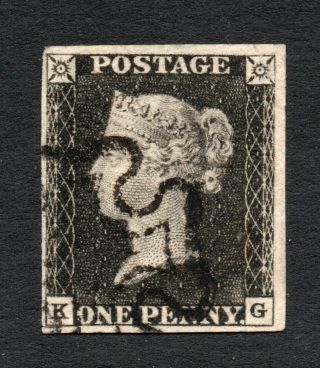 1840 Penny Black Sg 2 - - 1d Black Plate 7 " K G " Black Maltese Cross Cancel.
