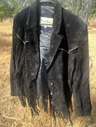 Vtg Pioneer Wear Western Black Leather Suede Extra Fringe Womens Jacket Size Xl