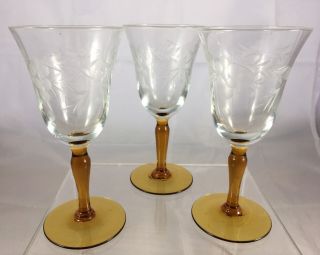Antique Amber Stem Hand Etched Cordial Wine Liquor Cocktail Glass Glasses Set 3