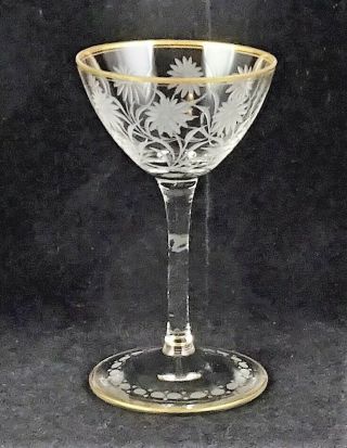 Vintage Gray Cut Engraved Crystal Small Goblets Gold Trim Stylized Flowers