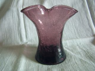 Vintage Hand Blown Blenko Art Crackle Glass Amethyst Pinched 4 " Mcm Ivy Vase