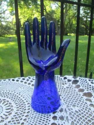Vintage Art Deco Stylized Cobalt Blue Glass Hand Jewelry Display Sculpture 8.  25 "