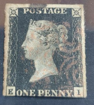 Great Britain Queen Victoria Penny Black W/ Red Maltese Cancel