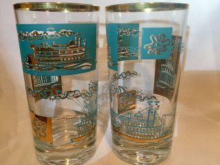 2 Vtg.  Libbey Bareware Southern Comfort Highball Glasses Aqua/gold Steamships
