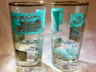 2 Vtg.  Libbey Bareware SOUTHERN COMFORT Highball Glasses Aqua/Gold Steamships 2