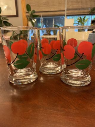 (3) Vintage Libbey Red Cherries Stem Swanky Swig 6 Oz Juice Glasses