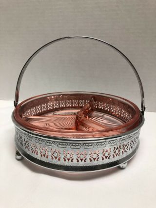 Pink Depression Glass Divided Relish Dish With Metal Caddy