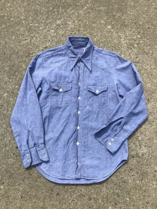 Vintage 60s 70s Cotton Chambray Button Work Shirt Sanforized Denim Selvage S - M