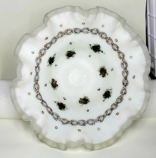 Fenton? Clear Edge,  White Center Frosted Ruffled Candy Dish Hand Painted Roses