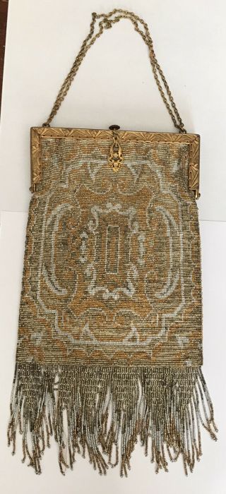 Antique Cut Steel Beaded French Purse W/ Mirror Two Tone Art Deco
