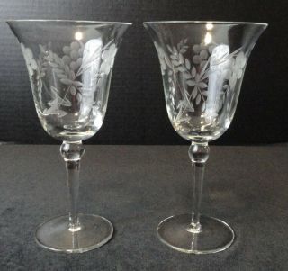 2 Vintage Colony Glass Danube Etched Floral Crystal W/ Ball Stems Water Goblets
