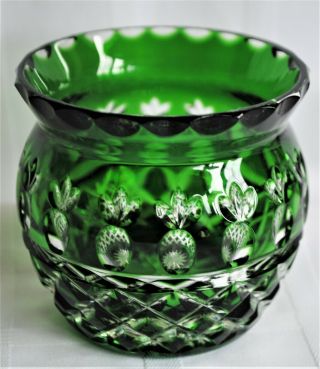 Vintage Bohemian/czech Art Glass Emerald Green Cut To Clear Glass Crystal Bowl