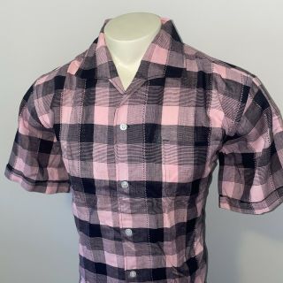Vtg 50s 60s Mens Large Shirt Spread Collar Mid Century Pink Plaid Rockabilly S/s