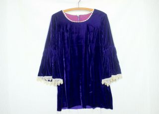 Vtg 70s Velveteen Mini Dress S/m Edwardian Bell Sleeve Cut Off Soft Velour Goth