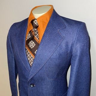 Vtg 60s 70s Leisure Suit Jacket Blazer Polyester Denim Sport Coat Disco Mens 40