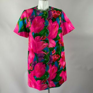 Vtg 60s Alice Pink Green Colorful Floral Hawaiian Barkcloth Shirt Shift Dress L