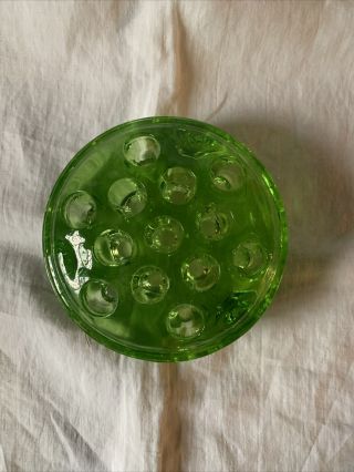 Vintage Green Depression Glass 13 Hole Flower Frog Uranium Vaseline Glows