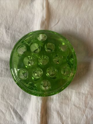 Vintage GREEN DEPRESSION GLASS 13 Hole FLOWER FROG Uranium Vaseline Glows 3