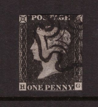 1840 Penny Black Sg2 Plate 1b? Checkletters Hg,  Crisp Black Maltese Cross